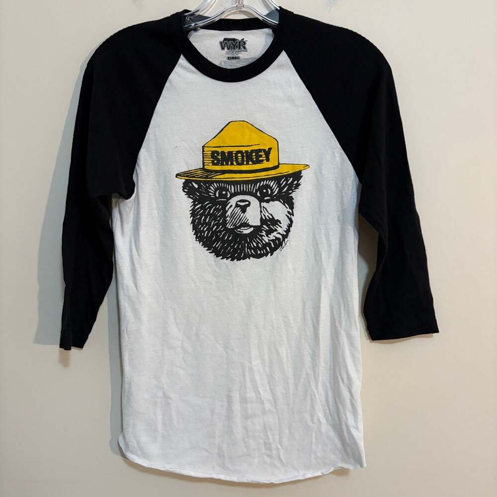 WYR Clothing Smokey Bear Raglan T-Shirt Womens XS White Black 3/4 Sleeve